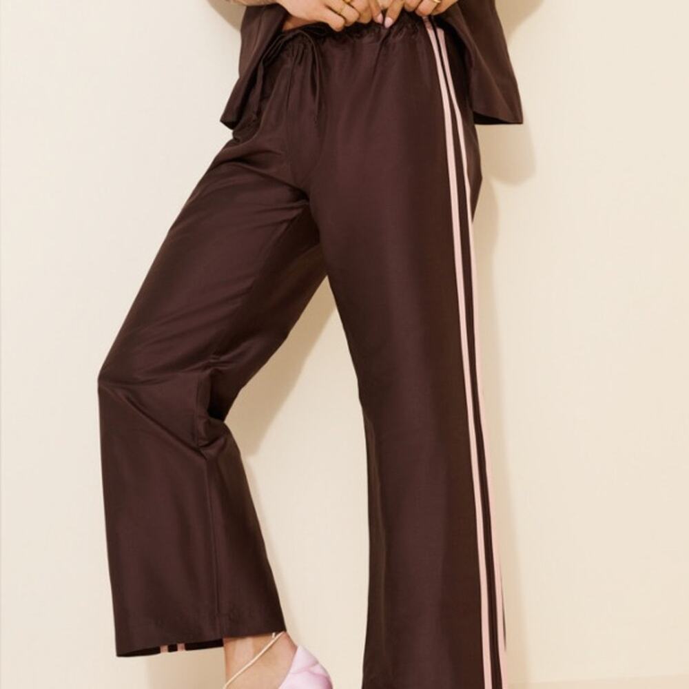 Donni Taffeta Track Silk Stripe Drawstring Baggy Pants Trousers Brown Pink